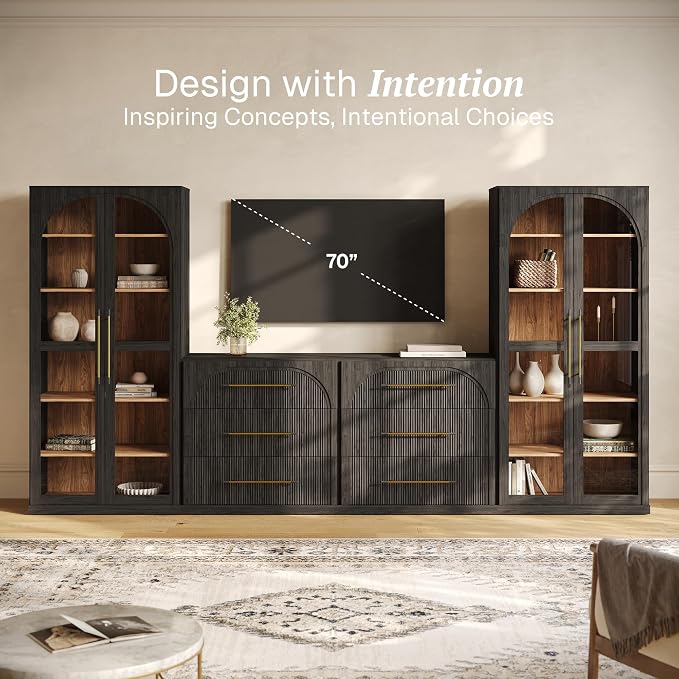 BELLEZE 4-Piece Modular TV Stand Set - 2 Sideboards with Drawers and 2 Tall Storage Cabinets, Classic Modern Media Console Entertainment Center with Adjustable Shelves for Living Room, Ebony