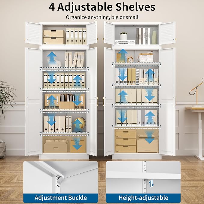 86" Tall Metal Kitchen Pantry Storage Cabinet with Adjustable Shelves | Extra Large Heavy Duty Steel Storage Cabinet for Kitchen, Garage, Living Room, White (2 Packages)