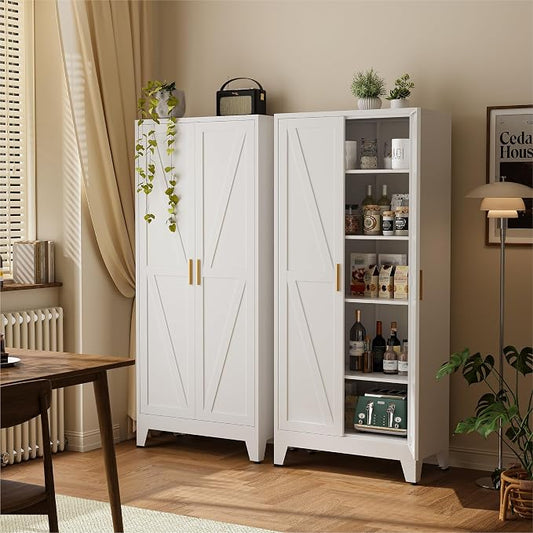 COFaR 71" Metal Pantry Cabinet with 5 Adjustable Shelves, White Storage Cabinet with Doors, Sturdy Freestanding Cupboard for Kitchen Organization, Living Room & Bathroom