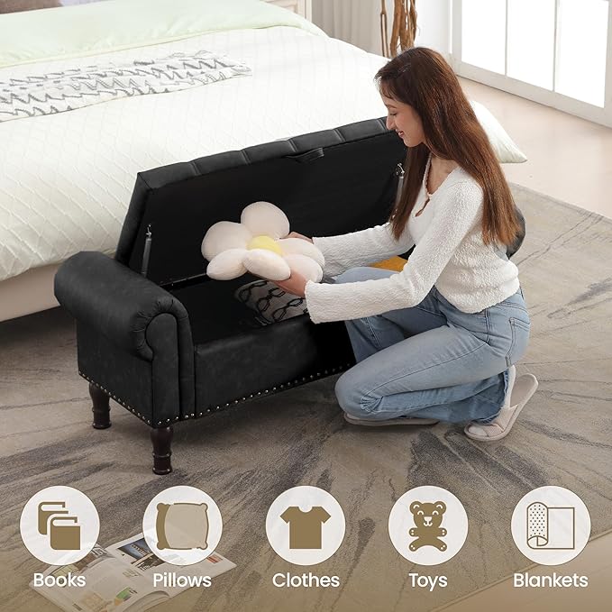 YOUDENOVA 51” Ottoman with Storage, Upholstered Storage Ottoman Bench with Rolled Arms, PU Leather Storage Bench for Bedroom, Living Room, Entryway, Black