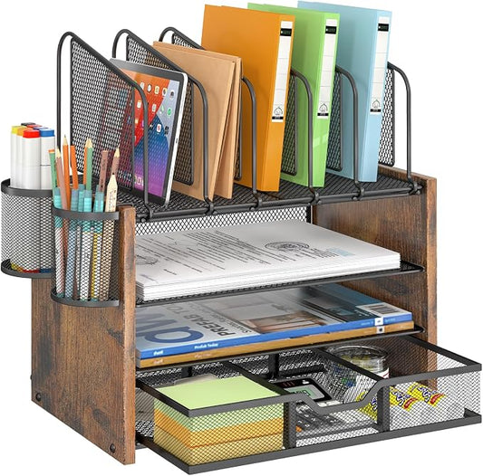 DAOUTIME 4-Tier Mesh Desk Organizer, Wooden Desk File Organizer with 5 Vertical File Holders and 2 Pen Holders, Desktop Organizers and Accessories with Drawer for Home Office