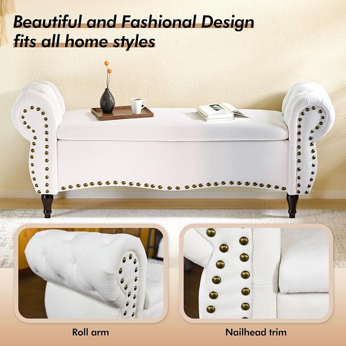 Storage Ottoman Bench, 51" Upholstered Bench & Ottoman with Safety Hinge, Tufted Bed Bench with Rolled Arm and Nailhead Trim, End of Bed Storage Bench for Bedroom, Living Room, Entryway White