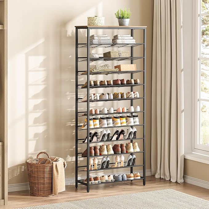 HOOBRO Shoe Rack for Entryway, 12-Tier Shoe Storage Organizer, Large Capacity for 33-36 Pairs of Shoes, Standing Shoe Shelf, Closet, Hallway, Adjustable Mesh Shelves, Rustic Brown and Black BF51XJ01