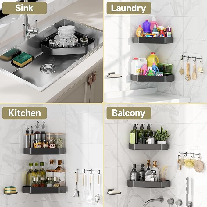 Veken Aluminum Corner Shower Caddy 4-Pack, Never Rust&Large Capacity, Grey | No Drilling Shelves, Rack with Soap Holder&Towel Bar, Super-Strong Adhesive for High Load, Bathroom Organizers and Storage
