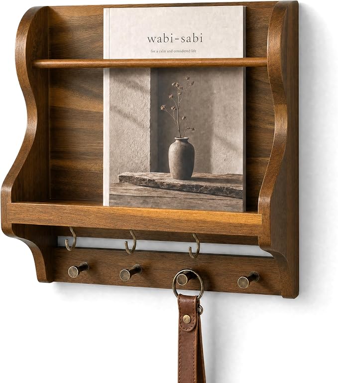 Acacia Wood Mail Organizer Wall Mount with 7 key Hooks Home Decor, Brown | Decorative Mail Holder for Wall, Key Hanger for Sunglasses and Wallets, Rustic Magazine Holder for Paper Storage, Living Room