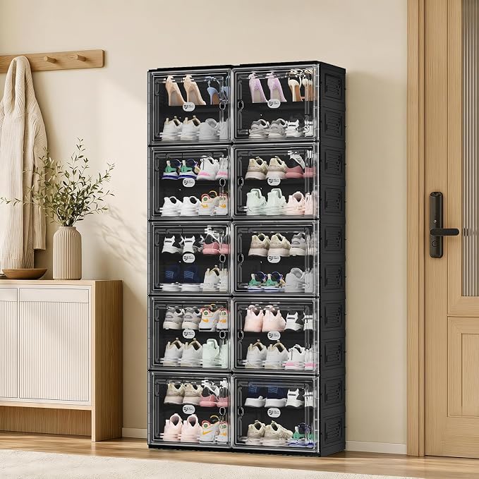 Foldable Shoe Cabinet with Magnetic Clear Doors, Wide Design Shoe Rack for Entryway, Portable Shoe Organizer Meeting Diverse Storage Needs (Black, 2Row 10Tier)