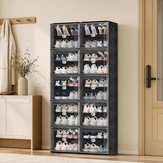 Foldable Shoe Cabinet with Magnetic Clear Doors, Wide Design Shoe Rack for Entryway, Portable Shoe Organizer Meeting Diverse Storage Needs (Black, 2Row 10Tier)