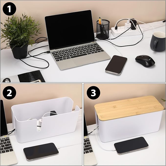 ZhiYo Large Cable Management Box, Thick ABS Power Strip Organizer, Black | Extra-Tall Design for Oversized Adapters, Natural Bamboo Lid, Fits Power Strips Up to 12.5" Long, Ideal for Desks, TV Areas