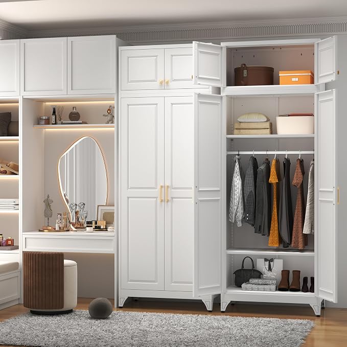 Polup 86" Tall White Metal Armoire Wardrobe Closet with Hanging Rod | Heavy Duty Steel Clothing Storage Cabinet, 4 Doors, 180lbs Adjustable Shelves, Shipped in 2 Packages for Bedroom, Garage