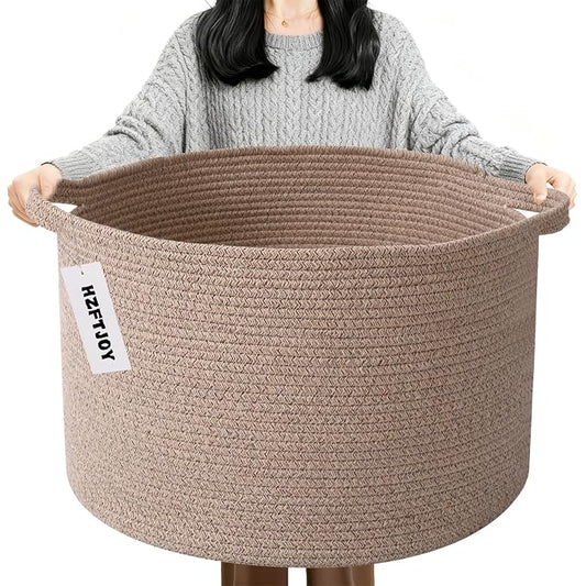 90L Extra Large Blanket Basket,Woven Rope Laundry Basket-Brown | Collapsible, reinforced handles, nursery storage bin organizes clothes, toys and pillows for living room, bedroom bathroom.