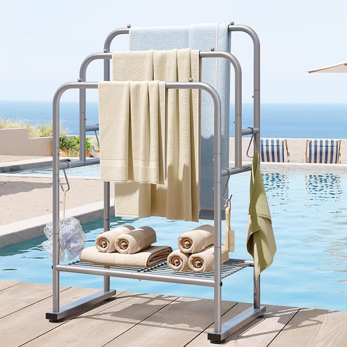 ELYKEN 40" H Freestanding Towel Rack with Shelf, 3 Tier Towel Stand, Silver | Metal Drying Rack for Oversized Bath Towels & Blankets, 4 Hooks, Indoor & Outdoor Use, Fits Bathroom, Tub, Shower, Poolside