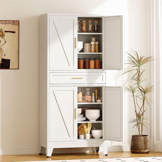 COFaR 71" Tall Pantry Cabinet with Drawer, White Storage Cabinet with Adjustable Shelves, 3-Section Freestanding Cupboard for Kitchen Organization