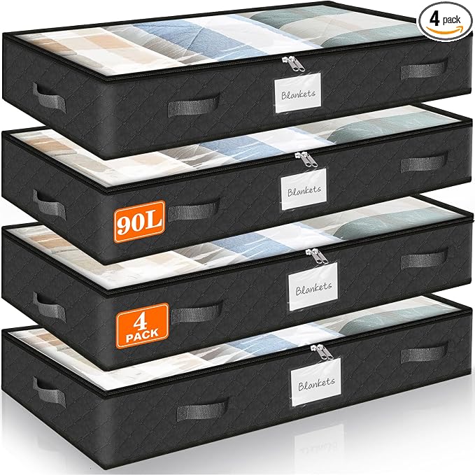 90L Under Bed Storage Containers, Storage Bags, Organizers, 4-Pack, Black | Foldable, Soft Fabric, Closet Organizers, Reinforced Handle, Label Holder, Clear Window, for Comforters, Clothing, Blankets