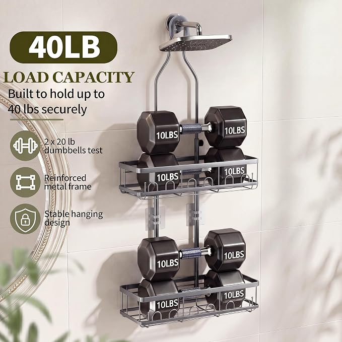 Skyapex Shower Caddy Hanging: Adjustable Height Organizer for Over Showerhead - Rustproof Shower Shelves with Hooks & 2 Soap Holders
