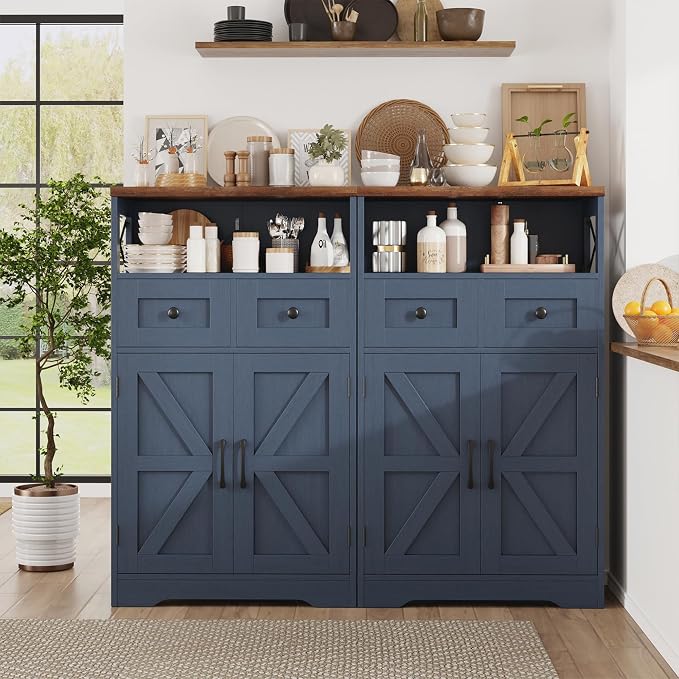 Farmhouse Storage Cabinet Set of 2, Small Kitchen Pantry Coffee Bar Cabinet | Accent Buffet Cabinet Cupboard, 2 Storage Drawers, Barn Doors & Adjustable Shelves, for Kitchen/Entryway/Bathroom, Navy Blue
