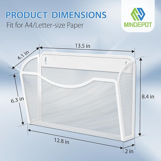 MINDEPOT Wall File Organizer, Hanging Wall File Holder, 6 Pack, Black | Heavy Duty Iron, Metal Mesh Wall Mount, Single Pocket, Mail Organizer, for Office School Classroom Home, Letter A4 Size