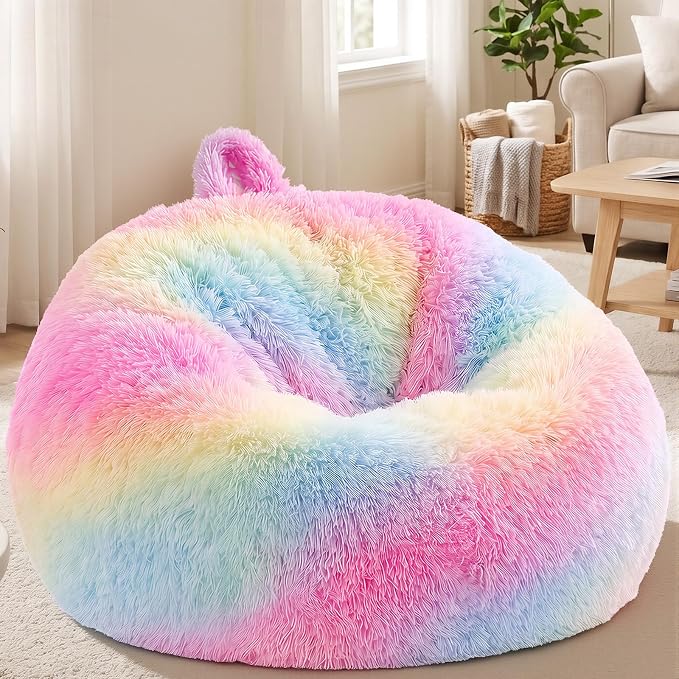 Stuffed Animal Storage Bean Bag Chair Cover, Soft Bean Bag Cover | Fluffy Faux Fur Stuffed Animal Storage Chair, Non-Slip Bottom, Fill with Plush Toys or Blankets, for Adults Teens Kids Girls