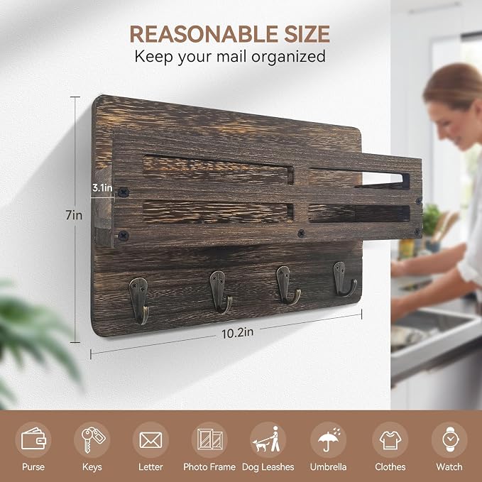 Key Holder Wall Mount Farmhouse Key Hooks for Wall with Mail Organizer Decorative Key Rack with 4 Sturdy Hooks for Dog Leash, Sunglasses, Rustic, Paulownia Key Hanger for Entryway, Brown