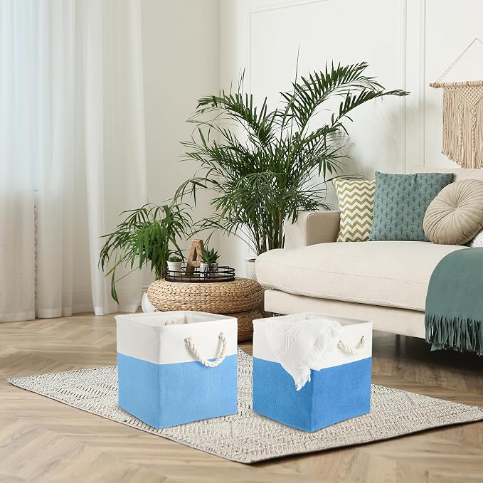 Geiserailie 6 Pcs 11 x 11 Inch Cube Storage Bins Fabric Storage Organizer Bins Foldable Cube Baskets with Sturdy Carry Handles Wicker Baskets for Home(11 x 11 Inch,Blue)