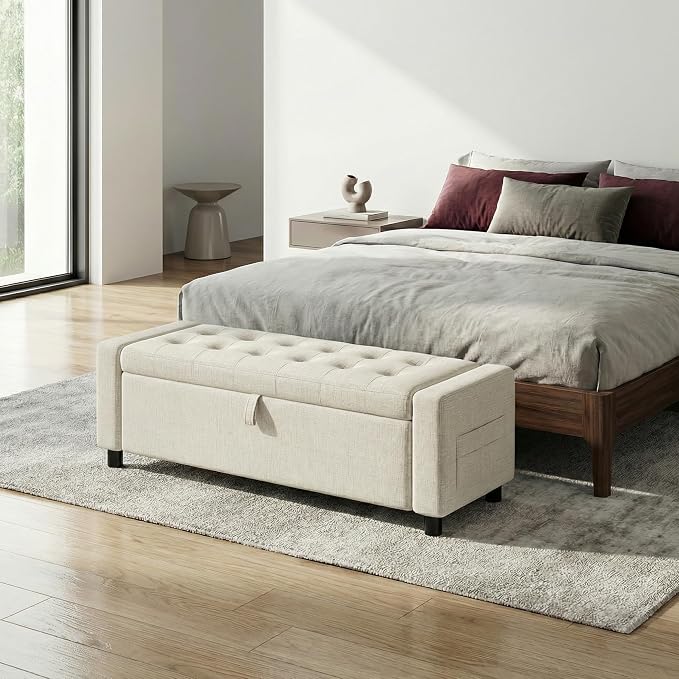 Amada 46" Ottoman with Storage, Side Pocket, Safety Hinge, Beige | 30 gallon (112 liter) hidden storage, holds 400 lbs, 0.35" thicker wood panels, 3.14" thick foam, for end of bed, living room