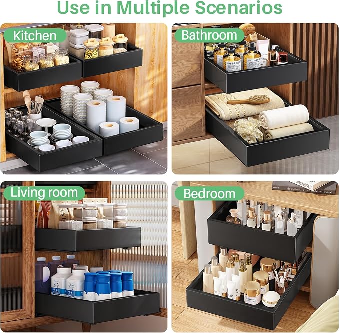 Kitstorack 2Pack Pull out Cabinet Organizer, 21" Deep, Heavy Duty Full-extension Slide out Drawers for Kitchen Cabinet, Roll out Shelf Storage with Nano Adhesive for Pots, Bathroom, Pantry,Home,Black