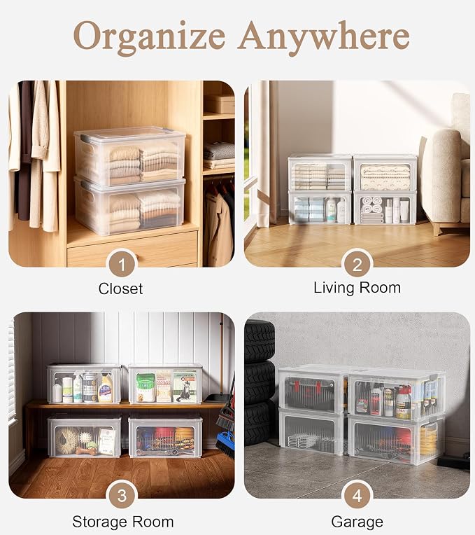 OlarHike 28QT Collapsible Storage Bins with Lids, Clear Box for Home-2 Pack | Plastic Organizer Box, Foldable Tote & Container for Closet, Living Room, Garage, Stackable Straight Design Offers More Space