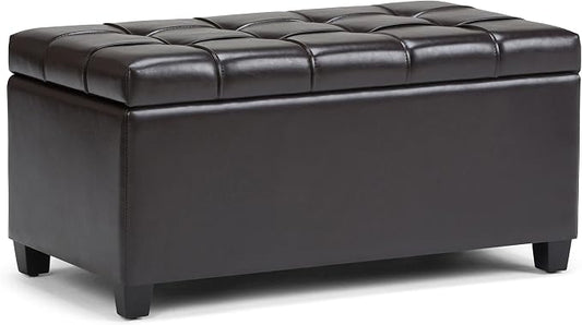 SIMPLIHOME Avalon 35" Wide Vegan Leather Storage Ottoman in Denim Blue | Transitional ottoman with tufting and lift-up lid; rectangle storage bench for living room or entryway.