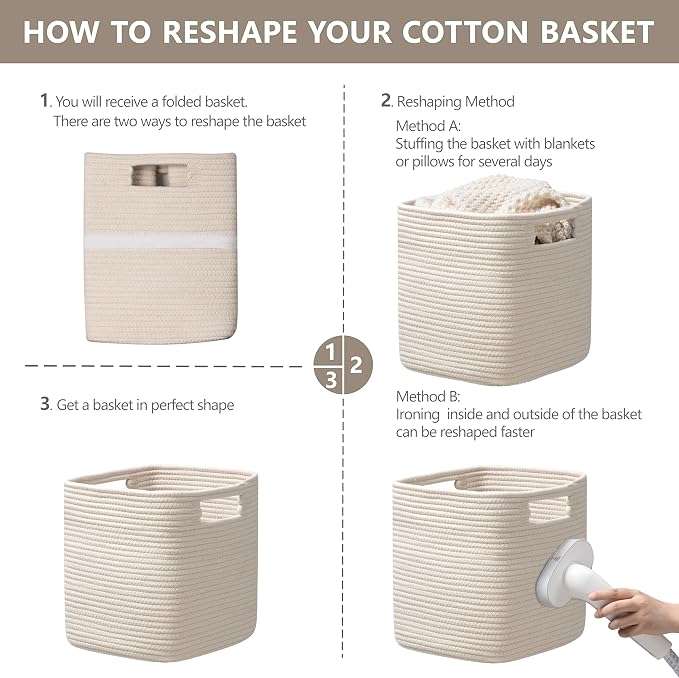 UBBCARE Set of 3 Cotton Rope Basket 13 X 13 X 13 Inches, Woven Storage Baskets for Shelves, Organizing with Handles, Cube Storage Bins for Storage Books, Magazines, Beige