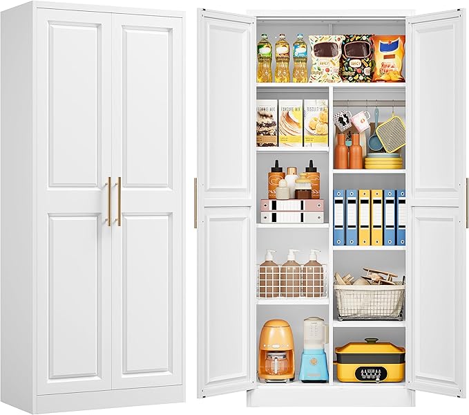 SISESOL 71" Tall Storage Cabinet with 9 Shelves and Hanging Rod,Kitchen Pantry Cabinet with 2 Door,White Metal Storage Cabinets,Large Cupboard for Home,Kitchen,Laundry,Bathroom