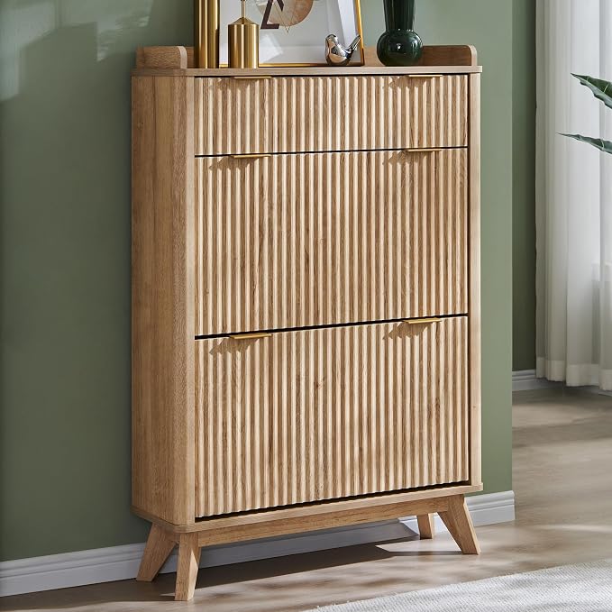 T4TREAM 48" Fluted Shoe Cabinet with Flip Drawers & Top Drawer, Natural Oak | Narrow Shoe Organizer, Curved Profile Design, Wooden Shoe Rack for Entryway, Hallway