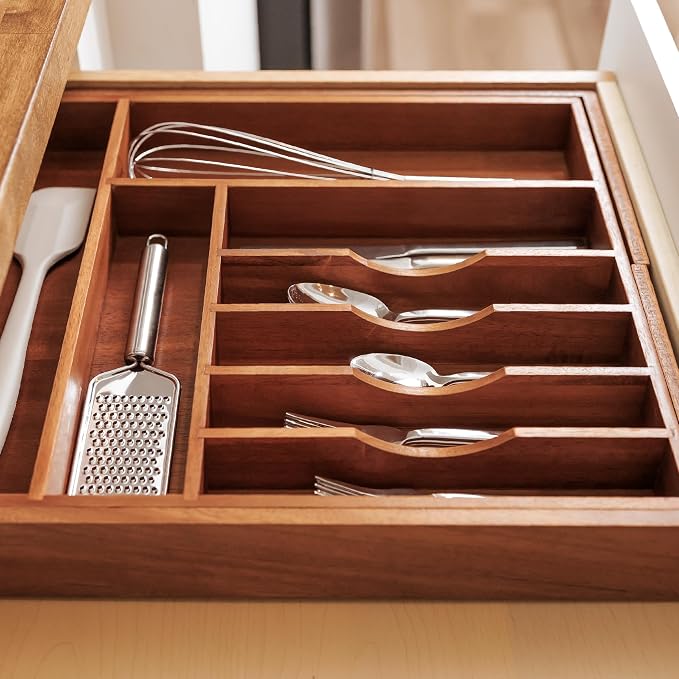 KitchenEdge Silverware & Utensil Drawer Organizer, 16-28 in, Acacia | Cutlery, flatware, food-safe contract grade, kitchen drawer fit