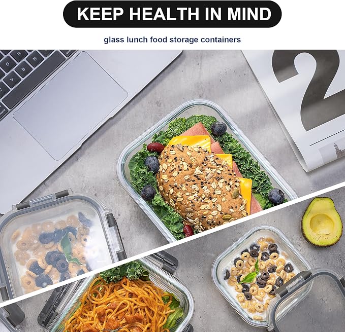 Glass Food Storage Containers with Lids Airtight, Glass Meal Prep Containers for Lunch Food, Container Set, Easy to Open& Close/Microwave,Oven,Freezer,Dishwasher Safe/Leak-Proof（20 Pieces）