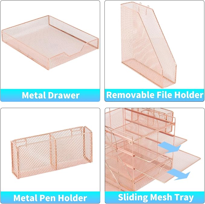 Desk Organizers and Accessories, 5-Tier Paper Letter Tray Organizer with File Holder, Drawer & Pen Holder, Office Desk Accessories, Desktop Organizer for Classroom Office Supplies, Rose Gold