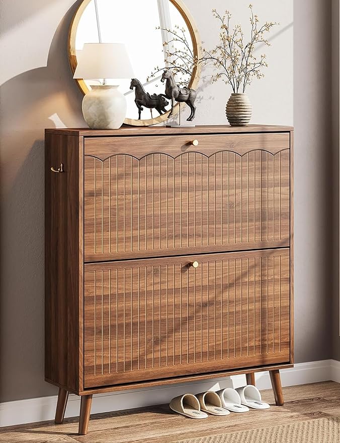 Nicetree Mid-Century Modern Slim Shoe Cabinet for Entryway, 9.5" Narrow Shoe Storage Cabinet with Architectural Arched Fluted Front, Entryway Shoe Storage with Adjustable Shelves,Classic Walnut