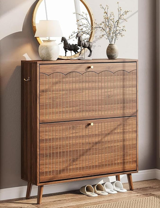 Nicetree Mid-Century Modern Slim Shoe Cabinet for Entryway, 9.5" Narrow Shoe Storage Cabinet with Architectural Arched Fluted Front, Entryway Shoe Storage with Adjustable Shelves,Classic Walnut