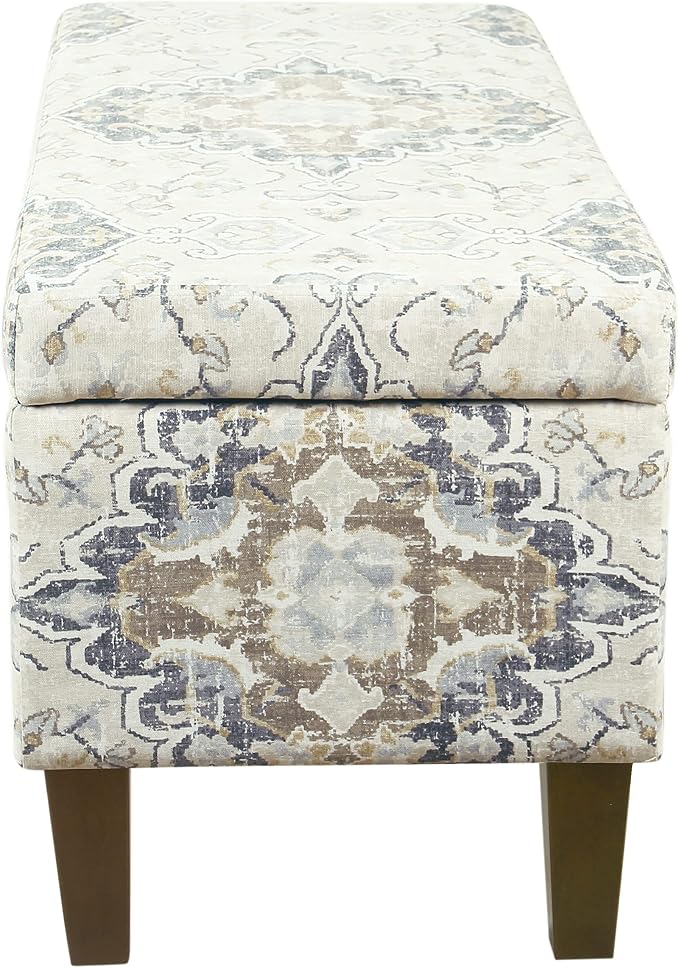HomePop Ottomon Upholstered Rectangular Storage Ottoman Bench with Hinged Lid, Brown and Cream Large