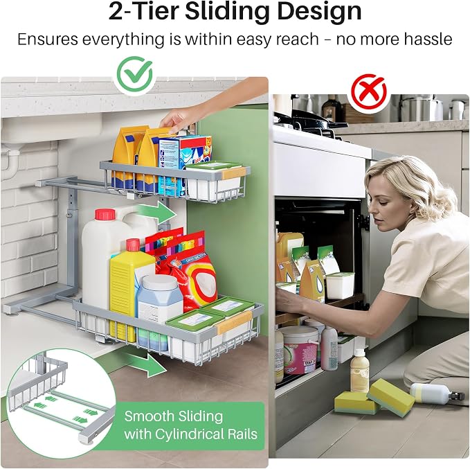 Kitstorack Under Sink Organizer, 2 Tier Under the Sink Storage, Slide out Pull out Cabinet Organizer Shelf, Metal Sliding Drawer for Kitchen Bathroom Pantry Closet Organization Rack, Grey, 2 Pack