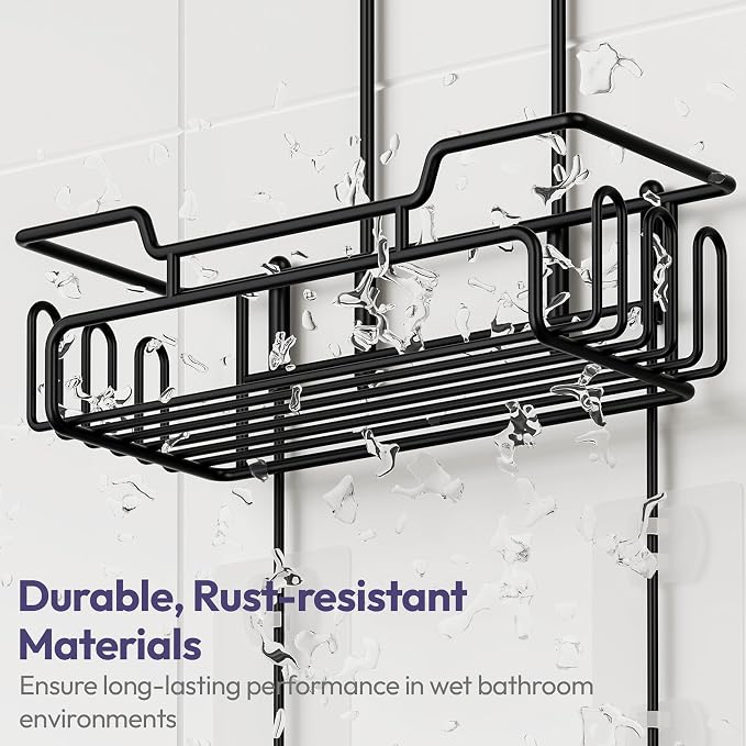 SWTYMIKI Bathroom Shower Caddy Hanging - Extended Length 2 Tier Rustproof Over Shower Head Organizer, No Drilling Bathroom Shelf with 14 Hooks & Soap Holder, Anti-Swing Rack, Black, Medium