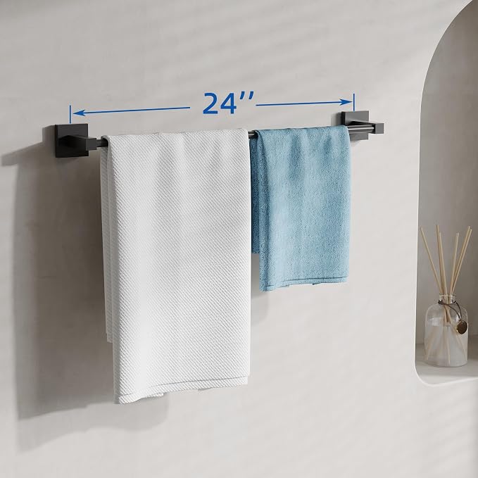 RUACQ Towel Bar 24" Towel Racks for Bathroom Wall Mounted, Matte Black | One-Piece Bath Towel Holder, Total Length 26 Inch Single Towel Rod, 304 Stainless Steel Rustproof, Square Base, Heavy Duty