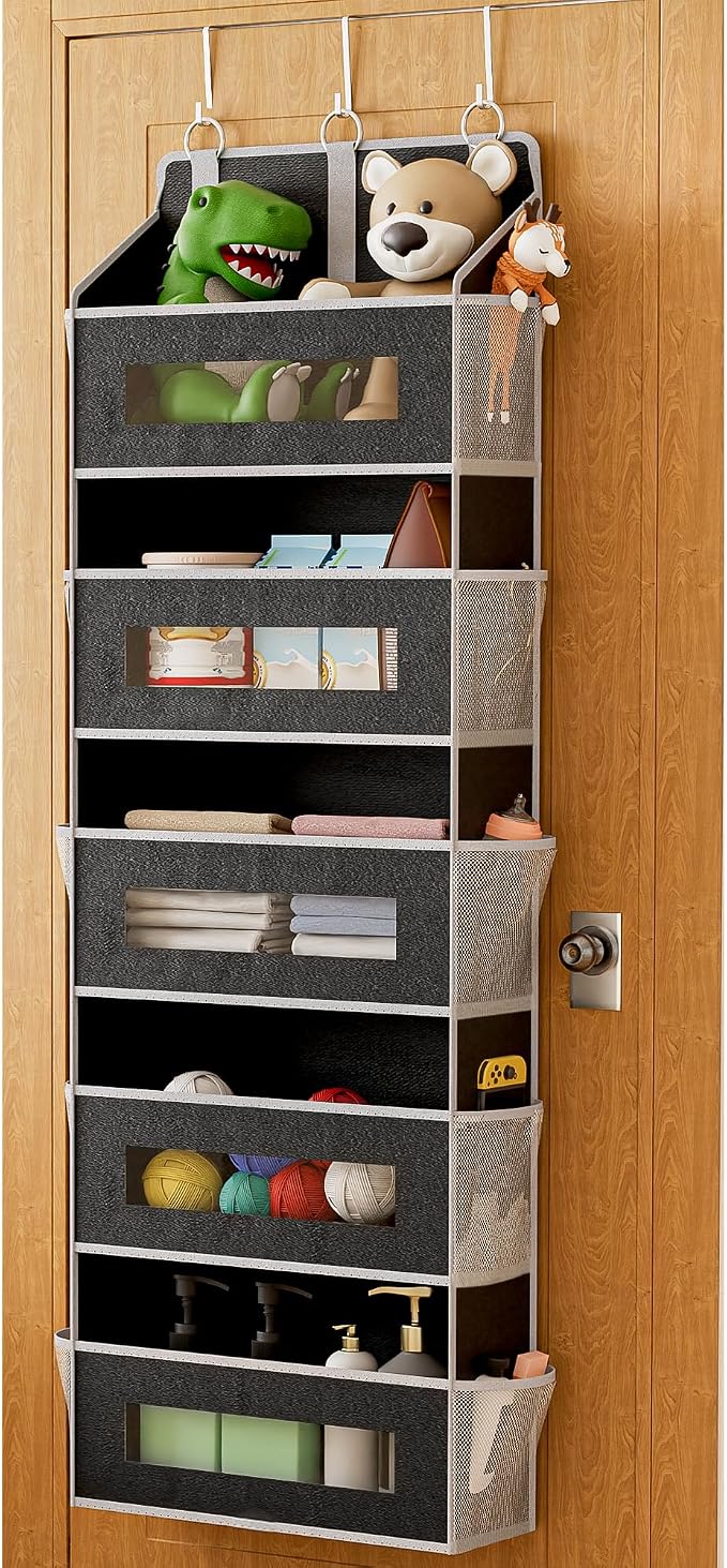 5 Tier Over The Door Organizer - Large Capacity Behind Door Hanging Shelves with 10 Mesh Pockets and Clear Windows, Closet Organizers and Storage for Bathroom, Bedroom, Nursery, Black