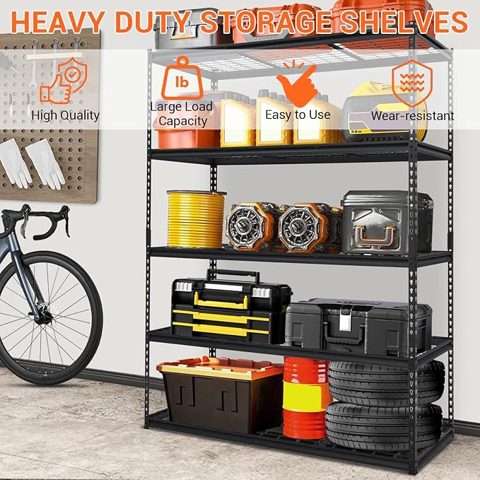 Garage Storage Shelves 5 Tiers, Heavy Duty Storage Shelving Racks with 2500 LBS Capacity, 60 in L x 24 in W x 78 in H Metal Adjustable Utility Shelving Unit for Garage Organization, Basement, Workshop