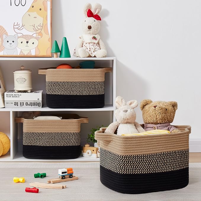 OIASKET Storage Basket for Organizing, Woven Baskets for Storage, Rectangle Decorative Baskets for Shleves, Closet, Toys, Books, Nursery Organizer Bins - Pack of 3 (Black & Brown, 15.75"x11.8"x9.85")