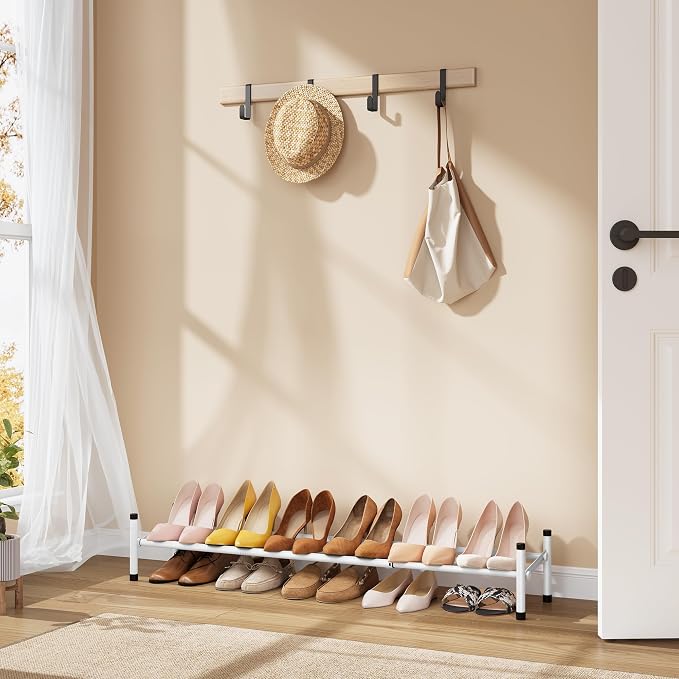 Expandable Shoe Rack for Closet 1 Tier, 28“-41“Stackable, White | Adjustable Shoe Organizer Closet Shoe Rack Floor, Metal Low Shoe Shelf Storage Entryway, Garage, Closet, Front Door Entrance