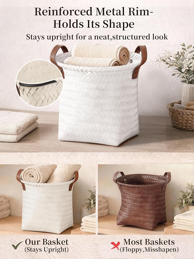 Wicker Storage Baskets, 4 Pack Woven Baskets for Shelves, White | PP Rattan, Water-resistant Wicker Basket, Large Baskets with Faux Leather Handles for Blanket, Laundry Organizer, Room Decor