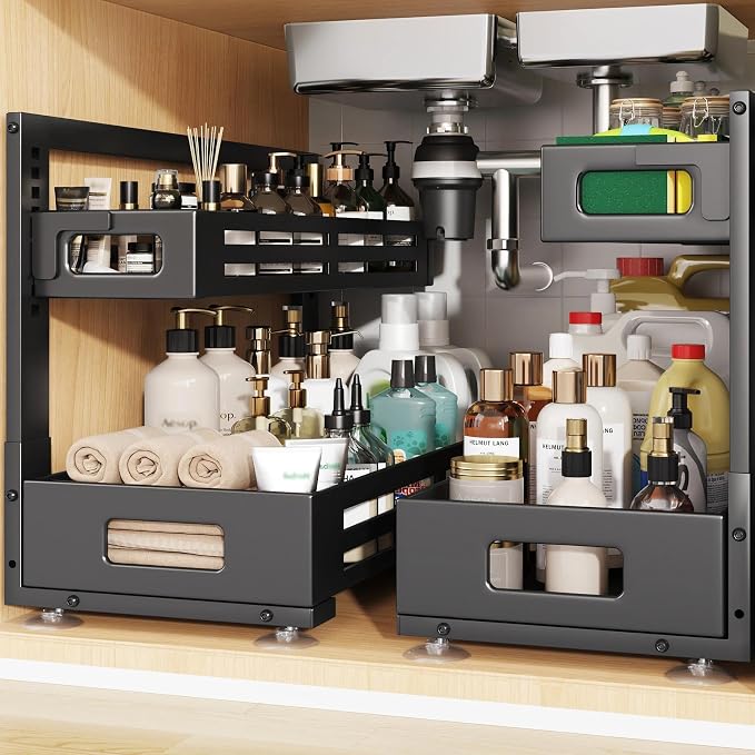 2 Pack 21IN-Depth Under Sink Organizer,Pull Out Cabinet Organizer With Smooth Cylindrical Rail,Metal Slide Out Drawer for Kitchen Bathroom Laundry,8-Level Tool Free Height Adjustable-Black