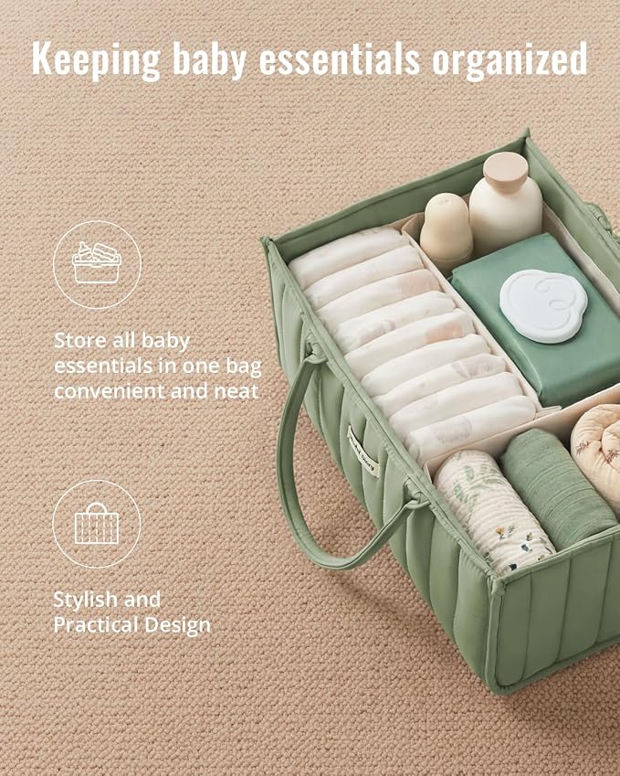 Blissful Diary Baby Diaper Caddy Organizer, Stylish Storage Basket for Newborn Essentials and Diaper Station, Gift for Baby Shower and Registry Must-Have, Sage Green