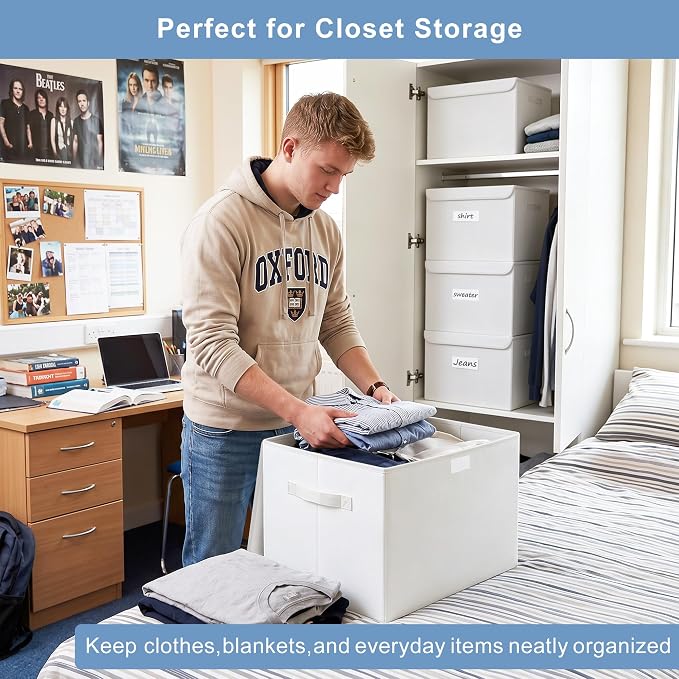 Bagnizer Large 17" 42 Quarts Collapsible Stackable Storage Bins with Lids [3-Pack] Foldable Fabric Linen Storage Boxes Cube, Closet Organizer Baskets with Label (16.7 x 12 x 12, White)