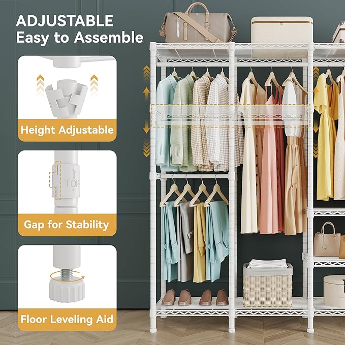 Higeego H5 Clothing Rack for Hanging Clothes, Heavy Duty Closet Rack, White | Large Garment Rack, 93.3"Wx15.7"Dx75.4"H, Freestanding Wardrobe Closet, with Adjustable Shelf, Load 1400 lbs