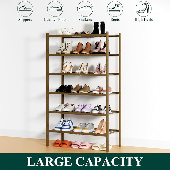 Smiry Bamboo Shoe Rack, 14 Vertical Slats, 6 Tier - 26.8" Wide, Walnut | Stackable Free Standing Wooden Shoe Organizer, Wood Shoe Storage Shelf for Closet, Entryway, Thicher Leg