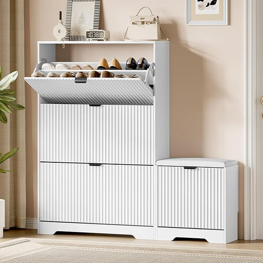 Xixini Shoe Storage Cabinet for Entryway with 3 Flip Drawers & Bench, Slim Wood Shoe Organizer with Modern Fluted Panel, Freestanding Narrow Shoe Rack for Front Door Entrance, Hallway, Foyer, White